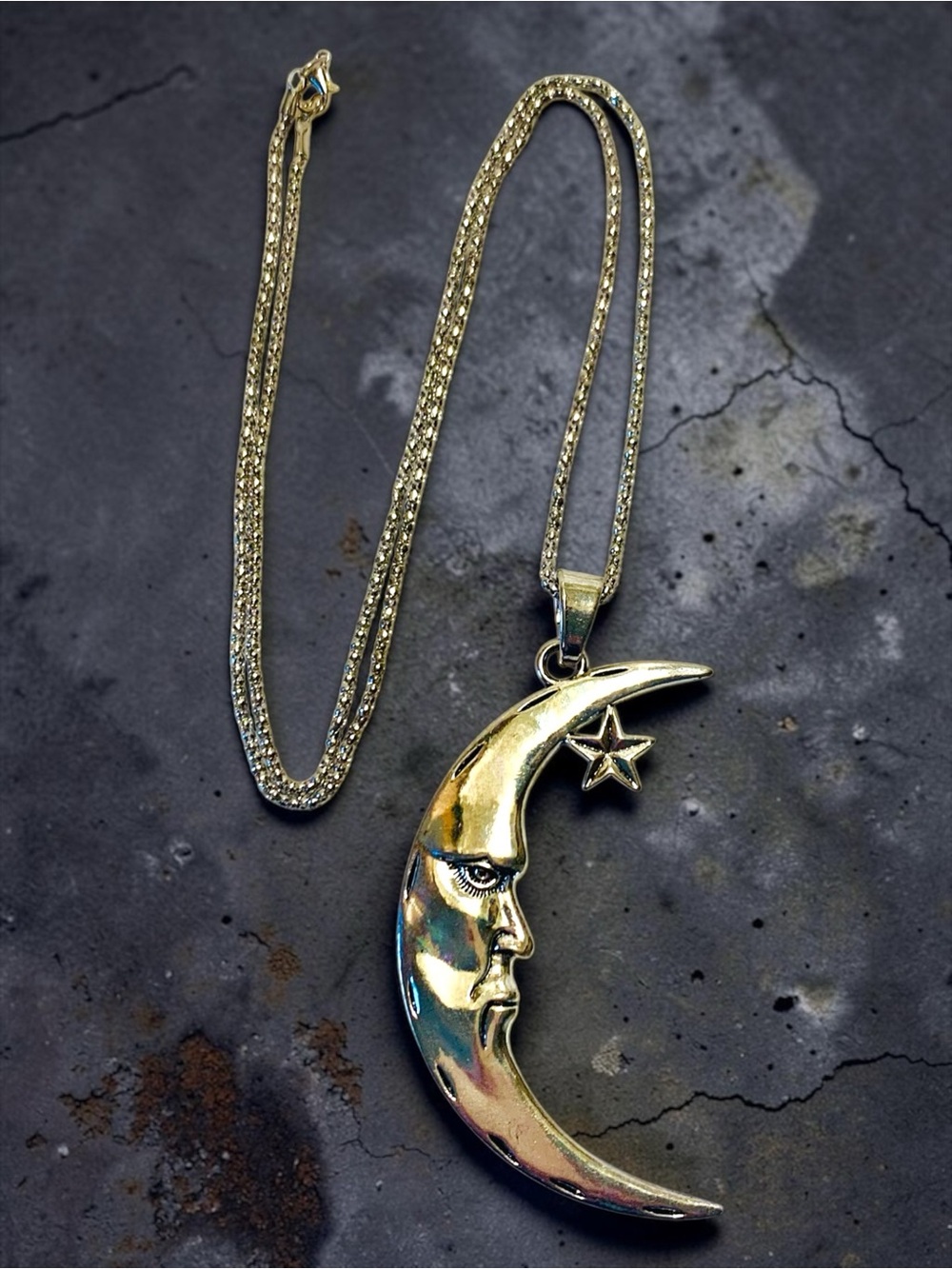 Silver Moon Face & Star Pendant Necklace - popcorn chain. handmade - Picture 2 of 3